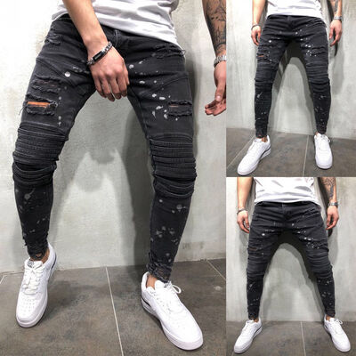 

SUNSIOM Mens Ripped Jeans Super Skinny Slim Fit Denim Pants Destroyed Frayed Trousers