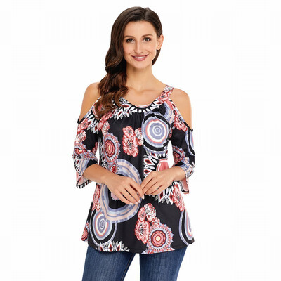 

Round neck cropped sleeves floral pattern loose bohemian tops womens