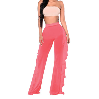 

Sexy Women Beach Mesh Ruffles Sheer Wide Leg Pants Bikini Cover Up Trousers Mesh Sheer See Through Plus Size Swimwear