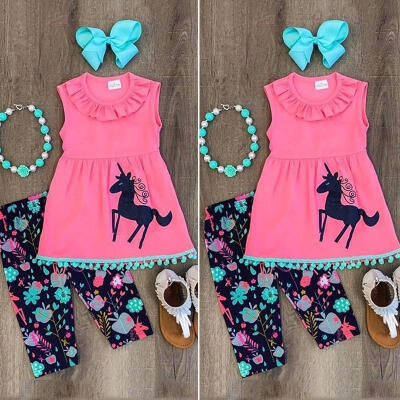 

2pcs Unicorn Toddler Kids Girl Outfit Clothes Casual Tops Dress Leggings Pants Set