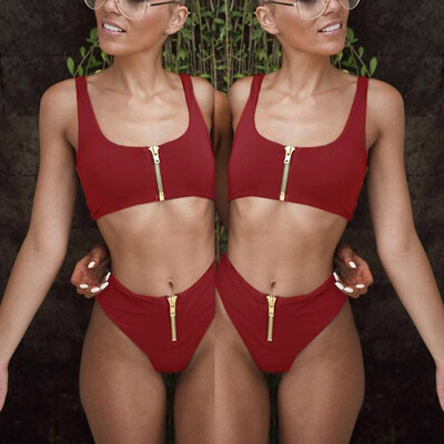 

Sexy Women Bikini Solid Color Spaghetti Strap Swimwear Swimsuit Zipper Push Up Bathing Suit Biquini
