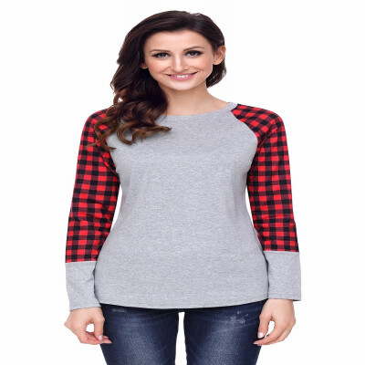 

Round neck long sleeve plaid color pattern base casual shirt womens