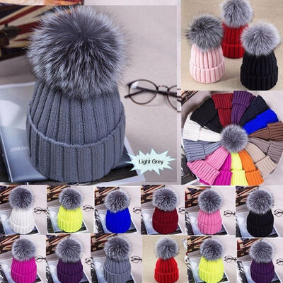 

Leegoal Womens Girls Winter Knitted Fur Hat Real Large Raccoon Fur Pom Pom Beanie Cap