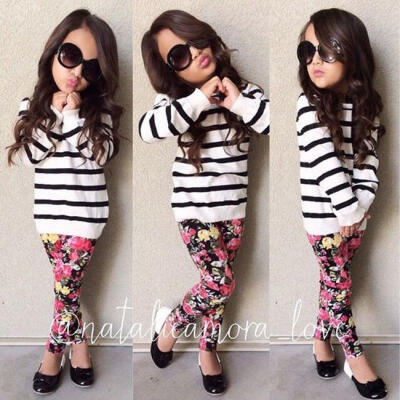 

Kids Baby Girls Striped T Shirt TopsFloral Pants Set Clothes Cotton Outfits Set