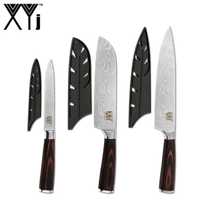 

XYj Kitchen Cooking Knives 3PCS Set Damascus Pattern Blade Color Wood Handle Chef Knives