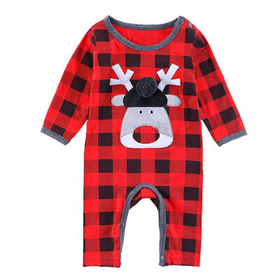 

Plaid Sleepwear Cute Deer Head Long Sleeve Baby Rompers Toddler Jumpsuit