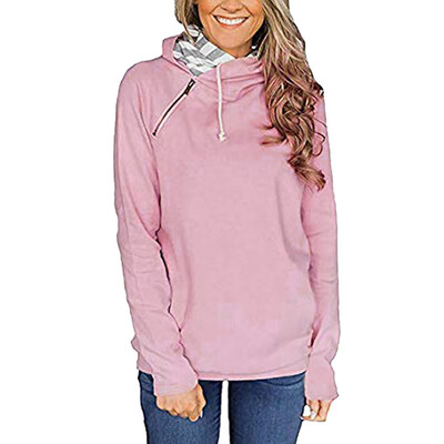 

Nomeni Women Oblique Zipper Drawstring Pure Color Hooded Caps Sweatshirt Pullover Tops