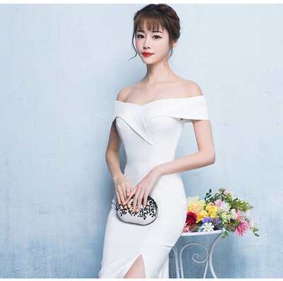 

Mermaid Split Sexy Boat Neck Long Evening Dress Elegant Off The Shoulder Solid Color Host Party Dinner Evening Dress