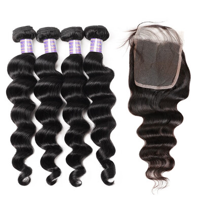 

Brazilian Remy Human Hair Weave Deep Loose Hair 4pcs Bundles with Closure Virgin Cheap Extensions