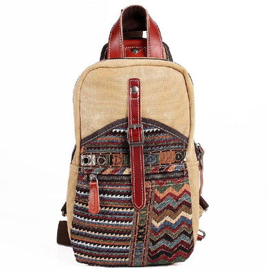 

Vintage Women Men Leather Canvas Shoulder Bag Ethnic Embroidery Retro Small Crossbody Chest Bag