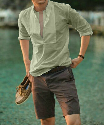 

Men Summer Fashion Slim Fit Shirt Top Long Sleeve Casual T-shirt Tee Beach Wear