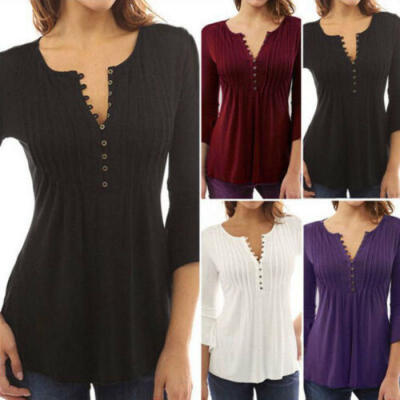 

New Ladies Button V Neck Evening Top Womens Pleated 34 Sleeve Slim Shirt Blouse