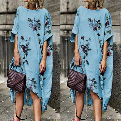 

Womens Short Sleeve Boho Cotton Linen Kaftan Maxi Dress Floral Long Dress Sundress