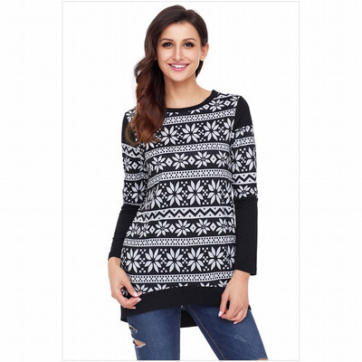 

Color stitching round neck long sleeve snowflake print shirt casual straight top