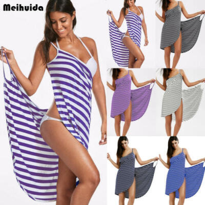 

Women Striped Swimwear Scarf Beach Cover Up Wrap Sarong Sling Skirt Maxi Dress