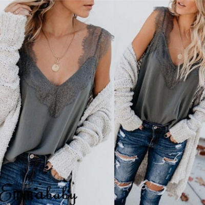 

Women Deep V Neck Lace Sexy Vest Summer Sleeveless Tank Tops Beach Singlet AU