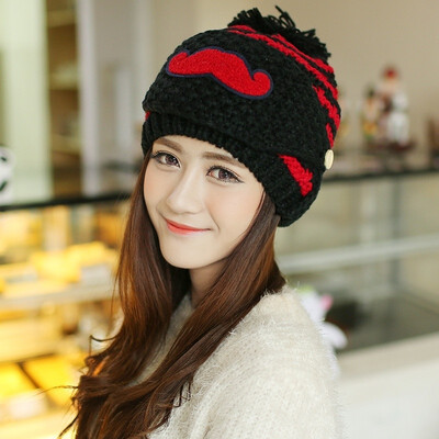 

New Korean version with velvet warm moustache mask Thickened knitted hat Ladies winter wool cap