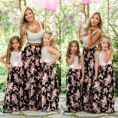 

Women Girls Boho Maxi Long Floral Holiday Party Dress Family Matching Outfits