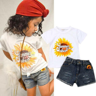 

Summer Toddler Kids Baby Girl Clothes Sunflower Top TeeDenim Shorts Outfit Set