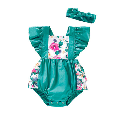 

Newborn Baby Girl Floral Ruffle Romper Jumpsuit Bodysuit Headband Clothes Outfits