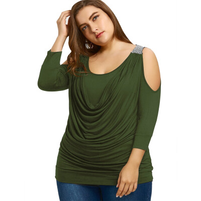 

Plus Size Draped Front Sequins Cold Shoulder T-shirt