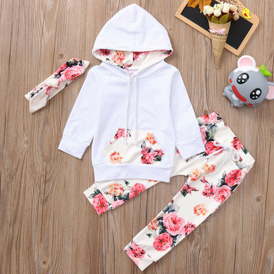 

Infant Baby Boys Girls Long Sleeve Hooded Tops Floral Print Pants Outfits Set
