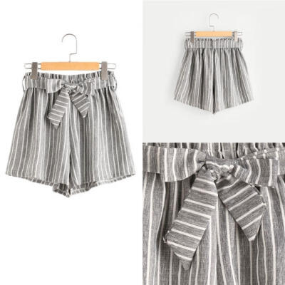 

New Ladies Elastic Drawstring Striped Casual Fashion Women Short Pants High Waist Trousers