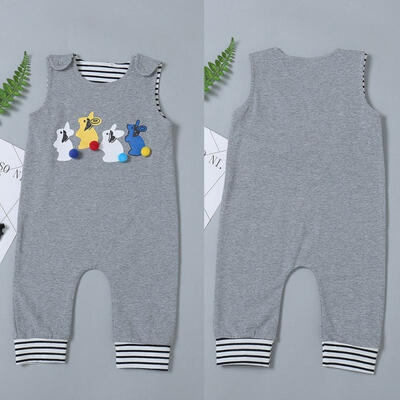 

Newborn Baby Boy Girl Easter Bunny Sleeveless Rabbit Print Striped Jumpsuit Romper Clothes Grey