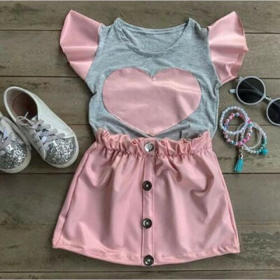 

Toddler Kids Baby Girls Short Sleeve Tops T-shirt Solid Skirts 2PCS Outfits Set