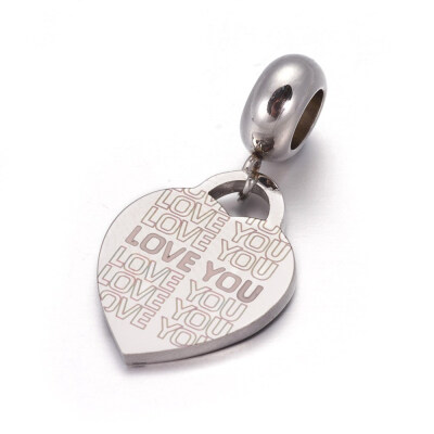 

304 Stainless Steel European Dangle Beads with Enamel Large Hole Pendants Heart with Word Love You Stainless Steel Color