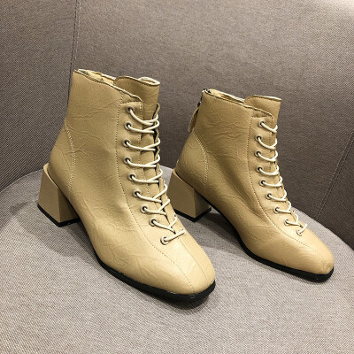 

Shoe Girls Spring&Autumn Single Boots Rough-heeled Square-headed Martin Boots High-heeled Boots Tied Lean Boots&Shoes