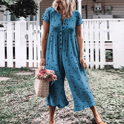 

Starmoon Women Casual Dot Printed Short Sleeve Button Opening Beach Loose Long Jumpsuit