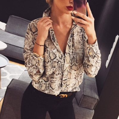 

Women V Neck Plus Size Leopard Print Long Sleeve Loose T Shirt OL Tops Blouse