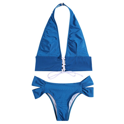 

Solid Color Sexy Women Lace Up Swimwear Halter Bikini Set Bathing Suit