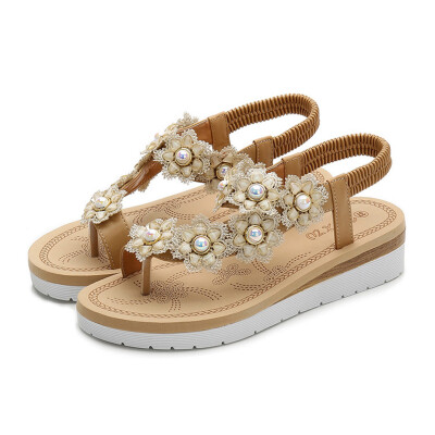 

Rose Womens Ladies Toepost Flower Pearl Elastic Band Beach Sandals Roman Shoes