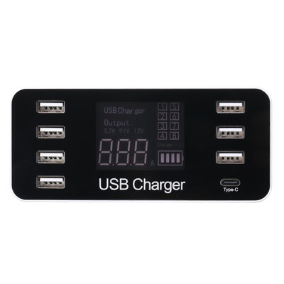 

8-Port USB Charger LCD Display Power Adapter with Type-C Port Multi-functional Charger Station for Home Office&Travel