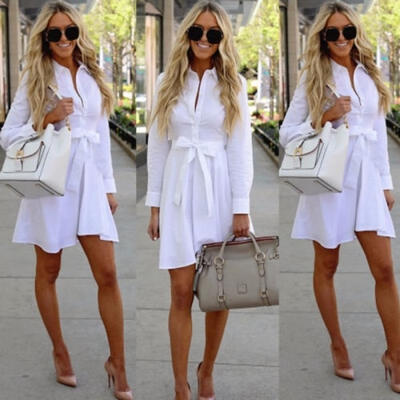 

Elegant Women Casual Long Sleeve Dress Lady Party White Slim Shirt Dresses