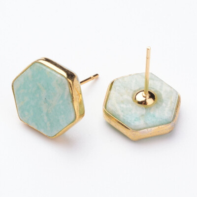 

Natural Amazonite Ear Studs with Real 18K Gold Plated Pin Hexagon 14x13x5mm Pin 08mm