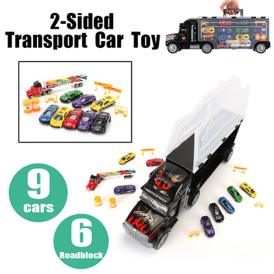 

2-Sided Transport Car Carrier Semi Truck Toy With 9 Cars&6 Accessories