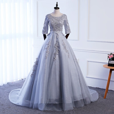 

Sexy A Line O Neck Appliques Grey Evening Dress Real Photos Long Floor Length Tulle Evening Gowns Party Prom Dress
