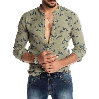 

New Summer Mens Linen Long Sleeve V-neck Shirt Loose Casual Shirts Tops