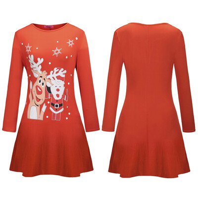

BOFUTE New Europe America Womens Clothing O-Neck Printing Skirt Christmas Clothing Long Sleeve Dress 1256