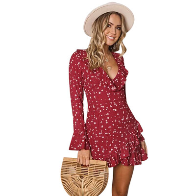

Plunge Neck Long Bell Sleeve Ruffle Floral Print Women Mini Dress