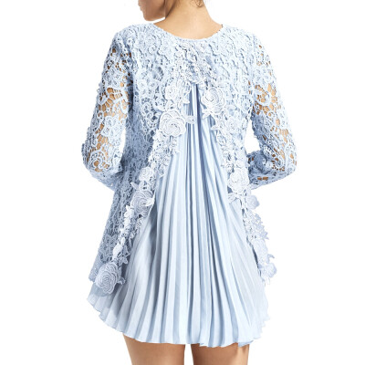 

Long Sleeve Pleated High Low Lace Blouse