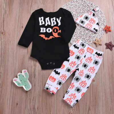 

Newborn Baby Letter Romper Tops Cartoon Prin Pants Cap Halloween Clothes Sets