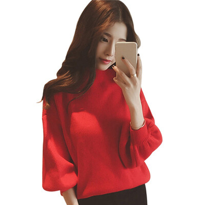

Womens Casual Long Lantern Sleeve Loose Knitted Turtleneck Sweater Jumper Pullover Solid Tops Female 2018 Autumn New Arrival