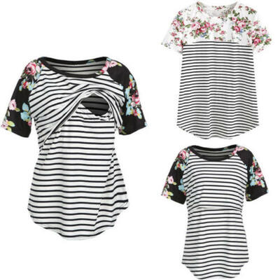 

Women Maternity Breastfeeding Tops Short Sleeve Nursing T-shirt Splice Striped