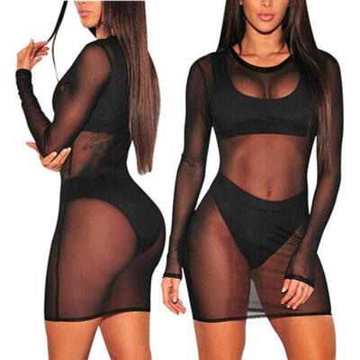 

US Women Long Sleeve Sheer Lace Bikini Cover-up Summer Swimwear Beach Mini Dress