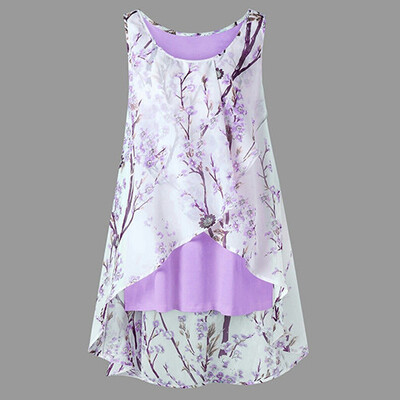 

PREISEI New Summer Women Sweet Elegant Print Tank Top Chiffon O-Neck Sleeveless Plus Size Long Camisole Ladies Tops DJDM001