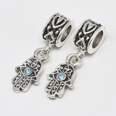 

Alloy European Dangle Beads with Rhinestones Large Hole Pendants Long-Lasting Plated Buddha Hand Antique Silver Aquamarine